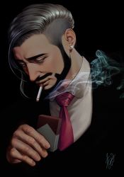 Rule 34 | 1boy, absurdres, black background, black hair, black jacket, business suit, cigarette, cigarette pack, collared shirt, creatures (company), dark-skinned male, dark skin, earrings, facial hair, formal, game freak, green eyes, hand up, highres, jacket, jewelry, male focus, mouth hold, necktie, nintendo, pokemon, pokemon swsh, red necktie, rose (pokemon), shirt, short hair, signature, simple background, smoke, smoking, solo, suit, undercut, upper body, waiwai mura, white shirt