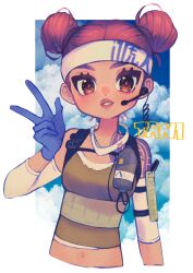 Rule 34 | 1girl, 3bai kaiouken, animification, apex legends, artist name, blue gloves, blush, border, breasts, cable, cloud, crop top, detached sleeves, double bun, earpiece, gloves, green tank top, hair behind ear, hair bun, headband, highres, lifeline (apex legends), mask, mask around neck, medium breasts, midriff peek, navel, outside border, parted lips, red hair, sky, solo, tank top, upper body, v, white border, white headband