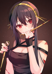 Rule 34 | 1girl, backlighting, bad id, bad pixiv id, black hair, blood, blood on arm, blood on hands, bloody weapon, breasts, cleavage, commentary request, dagger, dark background, dual wielding, flower, gold hairband, hair flower, hair ornament, hairband, hand to own mouth, highres, holding, holding dagger, holding knife, holding weapon, knife, large breasts, light particles, long hair, noa (hkgbkk8), red eyes, rose, sidelocks, solo, spikes, spy x family, upper body, weapon, yor briar