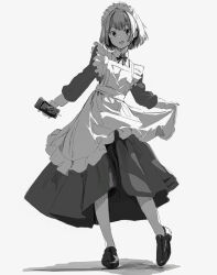 Rule 34 | 1girl, absurdres, apron, camera, full body, greyscale, highres, holding, holding camera, looking at viewer, maid, maid apron, maid headdress, monochrome, open mouth, original, shimkarom, short hair, simple background, smile, solo, standing