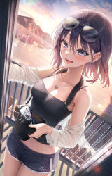 Rule 34 | 0v0 (l seohui), 1girl, absurdres, black-framed eyewear, black tank top, blue shorts, blue sky, blush, breasts, building, camera, cleavage, collarbone, commentary, cowboy shot, crop top, dutch angle, eyewear on head, fence, highres, holding, holding camera, jacket, medium breasts, mole, mole under eye, mountain, ocean, off shoulder, open mouth, original, purple eyes, purple hair, short hair, short shorts, shorts, sky, smile, solo, standing, sunglasses, sunlight, symbol-only commentary, tank top, white jacket