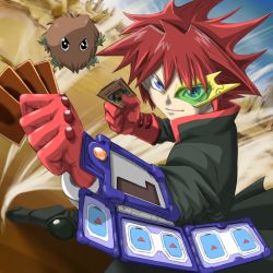 Rule 34 | 1boy, arms up, black eyes, blue eyes, card, closed mouth, creature, duel disk, duel monster, dust, dust cloud, floating, gloves, green-tinted eyewear, highres, holding, holding card, kuriboh, looking at viewer, makicha (sasurainopink), male focus, original, red gloves, red hair, smile, spiked hair, standing, tinted eyewear, yu-gi-oh!