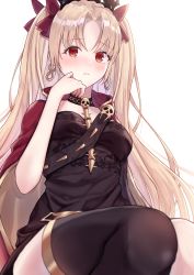 Rule 34 | 1girl, black dress, black thighhighs, blonde hair, blush, cape, commentary request, diadem, dress, earrings, ereshkigal (fate), fate/grand order, fate (series), frown, hair ribbon, highres, infinity symbol, jewelry, long hair, looking at viewer, meltymaple, parted bangs, red eyes, red ribbon, ribbon, simple background, single thighhigh, skull, solo, thighhighs, two side up, very long hair, white background