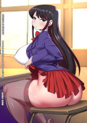 Rule 34 | 1girl, alternate ass size, alternate body size, alternate breast size, ass, black eyes, black hair, blouse, blue jacket, bokuman, breasts, chair, classroom, closed mouth, clothes lift, covered erect nipples, dot mouth, feet out of frame, from behind, indoors, jacket, komi-san wa komyushou desu, komi shouko, large breasts, lifting own clothes, light blush, long hair, long sleeves, looking at viewer, looking back, miniskirt, no panties, pleated skirt, red skirt, school uniform, self exposure, shirt, sidelocks, sitting, skindentation, skirt, skirt lift, solo, thick thighs, thighhighs, thighs, white shirt, window