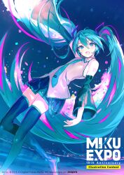 Rule 34 | 1girl, :d, absurdres, arm tattoo, artist name, black sleeves, blue eyes, blue footwear, blue hair, blue necktie, blue skirt, boots, character name, collared shirt, detached sleeves, floating hair, grey shirt, hair between eyes, hatsune miku, highres, irohatomo, long hair, long sleeves, looking at viewer, miniskirt, multicolored hair, necktie, number tattoo, open mouth, outstretched arm, pink hair, pleated skirt, shirt, skindentation, skirt, sleeveless, sleeveless shirt, smile, solo, tattoo, thigh boots, thighhighs, two-tone hair, very long hair, vocaloid, wing collar, zettai ryouiki
