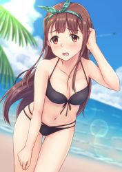 Rule 34 | 1girl, beach, bikini, black bikini, blue sky, blurry, blurry background, bow, breasts, brown eyes, brown hair, cleavage, cloud, collarbone, day, dutch angle, floating hair, front-tie bikini top, front-tie top, green hairband, hair bow, hairband, hand in own hair, highres, idolmaster, idolmaster million live!, leaning forward, long hair, looking at viewer, medium breasts, multi-strapped bikini, navel, ocean, outdoors, sky, solo, soujin, standing, striped bow, striped clothes, striped hairband, swimsuit, tanaka kotoha, thigh gap, very long hair