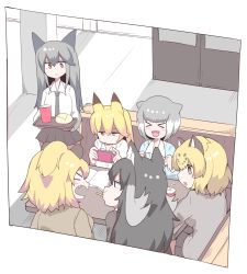 Rule 34 | &gt; &lt;, 10s, 6+girls, alternate costume, animal ears, antlers, blonde hair, blush, book, brown hair, collared shirt, contemporary, drink, ezo red fox (kemono friends), fang, food, fox ears, grey hair, handheld game console, horns, jaguar (kemono friends), jaguar ears, kemono friends, ko1mitaka, lion (kemono friends), lion ears, long hair, moose (kemono friends), moose ears, multicolored hair, multiple girls, necktie, open mouth, otter ears, pleated skirt, pocky, red hair, shirt, short hair, silver fox (kemono friends), sitting, skirt, small-clawed otter (kemono friends), smile, sweater, tray, white hair
