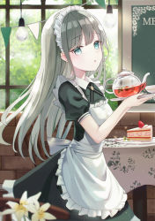 Rule 34 | 1girl, absurdres, apron, black dress, blue eyes, blurry, blurry foreground, breasts, brick wall, cake, cake slice, commentary request, cup, depth of field, dress, flower, food, fork, frilled apron, frills, grey hair, hands up, highres, holding, holding tray, indoors, iren lovel, light bulb, long hair, maid, maid apron, maid headdress, md5 mismatch, original, parted lips, pennant, plate, puffy short sleeves, puffy sleeves, resolution mismatch, short sleeves, small breasts, solo, source smaller, string of flags, teacup, teapot, transparent, tray, very long hair, white apron, white flower, window
