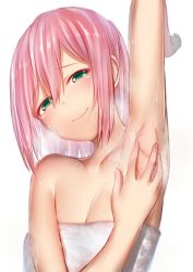 Rule 34 | 1girl, arm up, armpits, bare shoulders, breasts, cleavage, green eyes, hair between eyes, head tilt, highres, looking at viewer, naked towel, original, pink hair, presenting armpit, sidelocks, simple background, spread armpit, steam, steaming body, sweat, towel, upper body, wet, white background, yui hiroshi