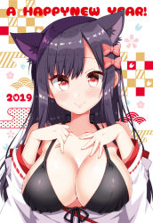 Rule 34 | 1girl, 2019, animal ear fluff, animal ears, bare shoulders, bikini, black bikini, black hair, blush, breasts, cleavage, closed mouth, collarbone, commentary request, egasumi, fingernails, front-tie bikini top, front-tie top, futaba-san chi no kyoudai, futaba neiko, hands up, happy new year, japanese clothes, kimono, kimono pull, large breasts, long hair, long sleeves, looking at viewer, new year, red eyes, ribbon-trimmed sleeves, ribbon trim, smile, solo, swimsuit, tsukudani norio, white kimono
