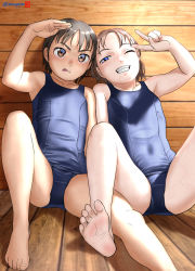 Rule 34 | 2girls, barefoot, black hair, blue eyes, blue one-piece swimsuit, breasts, brown eyes, brown hair, covered navel, flat chest, highres, looking at viewer, mu-pyon, multiple girls, one-piece swimsuit, one eye closed, original, school swimsuit, shading eyes, short hair, sitting, small breasts, soles, swimsuit, toes, tongue, tongue out, wooden floor, wooden wall