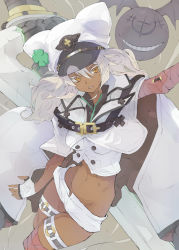 Rule 34 | 1girl, absurdres, bana (stand flower), bandaged arm, bandages, blouse, cape, clover, commentary request, dark-skinned female, dark skin, fingerless gloves, four-leaf clover, gloves, guilty gear, guilty gear strive, hat, highres, micro shorts, midriff, navel, open mouth, peaked cap, platinum blonde hair, ramlethal valentine, shirt, short shorts, shorts, stomach, thigh strap, thighs, white shirt, yellow eyes