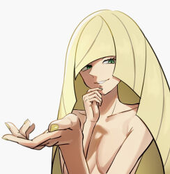 Rule 34 | 1girl, blonde hair, blunt bangs, breasts, collarbone, commentary request, creatures (company), echizen (n fns17), eyelashes, game freak, green eyes, grin, hand on own chin, hands up, highres, long hair, looking at viewer, looking down, lusamine (pokemon), medium breasts, nail polish, nintendo, nude, pokemon, pokemon sm, simple background, smile, solo, stroking own chin, upper body, white background, yellow nails