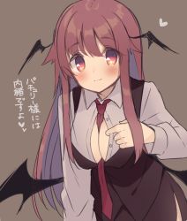 Rule 34 | 1girl, between breasts, blush, breasts, brown background, cleavage, closed mouth, demon wings, head wings, heart, highres, koakuma, long hair, medium breasts, necktie, necktie between breasts, red eyes, red hair, solo, touhou, upper body, usamata, vest, wings