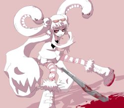 Rule 34 | 1girl, baseball bat, blood, boots, eyewear on head, forked tongue, hands in opposite sleeves, holding, leaning, long tongue, monochrome, mukai keiichirou, pink theme, pleated skirt, red eyes, shadow, skirt, skull, sleeves past wrists, smile, snake, solo, striped clothes, striped thighhighs, sunglasses, thighhighs, tongue, tongue out, twintails, weapon, white eyes, white hair