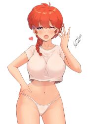 Rule 34 | 1girl, :o, bare legs, bare shoulders, blush, braid, breasts, crop top, curvy, geraldjess1, hand on own hip, heart, highres, large breasts, lowleg, lowleg panties, micro panties, navel, open mouth, panties, ranma-chan, ranma 1/2, red hair, shiny skin, shirt, signature, single braid, solo, standing, tears, thong, underwear, white background, white panties, white shirt, wide-eyed, wide hips, yawning