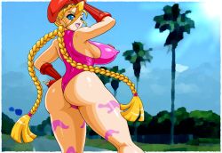 Rule 34 | 1girl, ass, blonde hair, blue eyes, braid, breasts, cammy white, covered erect nipples, female focus, gloves, hat, huge breasts, leotard, long hair, looking at viewer, looking back, nipples, one eye closed, open mouth, road, smile, solo, street, street fighter, twin braids, very long hair, wink