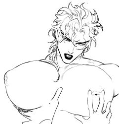Rule 34 | 1boy, absurdres, dio brando, grabbing, highres, huang lia, jojo no kimyou na bouken, large pectorals, lipstick, long hair, makeup, male focus, male lactation, milk, monochrome, muscular, muscular male, nipples, open mouth, pectoral grab, pectorals, scar, scar on neck, stardust crusaders