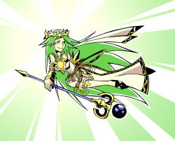 Rule 34 | 1girl, armlet, bare shoulders, belt, circlet, dress, flying, green eyes, green hair, holding, jewelry, kid icarus, kid icarus uprising, long hair, lots of jewelry, matching hair/eyes, necklace, nintendo, palutena, setz, smile, solo, staff, thighhighs, vambraces, very long hair, white dress