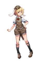 Rule 34 | 1girl, absurdres, alternate costume, animal ears, black socks, blonde hair, brown footwear, brown hat, brown shorts, brown vest, buttons, closed mouth, crescent, floppy ears, full body, furahata gen, hat, highres, licking lips, looking at viewer, puffy shorts, rabbit ears, red eyes, red neckwear, ringo (touhou), shoes, short hair, shorts, simple background, socks, solo, standing, tongue, tongue out, touhou, vest, white background