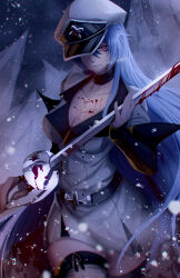 Rule 34 | 1girl, absurdres, akame ga kill!, blood, blood on breasts, blood on face, bloody knife, blue hair, boots, breasts, breath, cleavage, esdeath, hat, highres, holding, holding weapon, jesse schickler, knife, long hair, military hat, purple eyes, snow, sword, thigh boots, weapon, white uniform