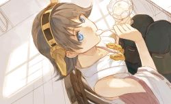 Rule 34 | 10s, 1girl, blue eyes, boots, brown hair, chair, cosmic (crownclowncosmic), detached sleeves, dutch angle, eating, food, glass, headband, hiei (kancolle), holding, ice cream, kantai collection, looking at viewer, looking up, nontraditional miko, pantyhose, ribbon-trimmed sleeves, ribbon trim, short hair, sitting, solo, spoon, thigh boots, thighhighs