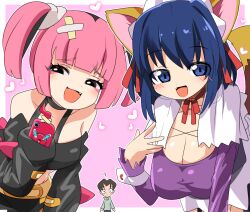 1boy 2girls :d ? animal_ears black_eyes black_shirt blue_eyes blue_hair blunt_bangs blush breasts capelet cat_ears cat_girl cat_tail cleavage commentary_request coral_(pokemon) creatures_(company) crossed_bandaids crossover fang game_freak gen_4_pokemon heart kokubunji_koyori large_breasts leaning_forward lets0020 long_sleeves looking_at_viewer meitantei_conan mesugaki multiple_crossover multiple_girls nintendo nurse_witch_komugi-chan ootani_ikue open_mouth pink_background pink_hair pokemon pokemon_(anime) pokemon_horizons purple_shirt rotom rotom_phone shirt short_hair smile tail tsuburaya_mitsuhiko upper_body voice_actor_connection white_capelet