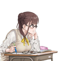 Rule 34 | 1girl, bespectacled, black-framed eyewear, book, breast rest, breasts, brown eyes, brown hair, chocolate, chocolate on clothes, chocolate on face, collared shirt, desk, double bun, food, food on face, glasses, hair bun, hamedoragon, hand on own chin, holding, holding pen, idolmaster, idolmaster shiny colors, large breasts, notebook, open book, pen, pencil case, ribbon, school desk, school uniform, shirt, simple background, sitting, sleeveless, sleeveless sweater, solo, sonoda chiyoko, sweater, twintails, upper body, white background, white shirt, wrapper, yellow ribbon