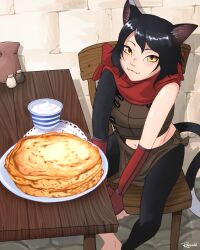Rule 34 | 1girl, :3, animal ears, artist name, black fur, black hair, blini, cat ears, cat girl, cat tail, chair, commentary, dungeon meshi, english commentary, fangs, feet out of frame, food, highres, izutsumi, jazz the blini cat (meme), looking at viewer, meme, navel, pancake, pepper shaker, photo-referenced, plate, ranveld, salt shaker, short hair, sitting, solo, sour cream, tail, yellow eyes