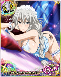 Rule 34 | 1girl, black panties, braid, breasts, card (medium), character name, chess piece, grayfia lucifuge, grey eyes, grey hair, high school dxd, high school dxd born, indoors, large breasts, lingerie, lipstick, long hair, looking at viewer, lying, maid headdress, makeup, matching hair/eyes, nightgown, official art, on bed, on side, panties, parted lips, pillow, queen (chess), red lips, sleepwear, solo, torn clothes, trading card, twin braids, underwear