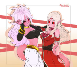 Rule 34 | 2girls, absurdres, android 21, arm warmers, asymmetrical sleeves, bandeau, black sclera, bracelet, breasts, chronoa, circlet, cleavage, colored sclera, colored skin, commentary, dark persona, dragon ball, dragon ball fighterz, dragon ball heroes, dragon ball xenoverse, earrings, english commentary, highres, jewelry, large breasts, long hair, majin android 21, multiple girls, navel, neck ring, pea-bean, pink hair, pink skin, pointy ears, potara earrings, red eyes, ring, sidelocks, smile, tail, twitter username, white hair