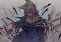 Rule 34 | 10s, 1girl, animal ear fluff, animal ears, arrow (projectile), bare shoulders, blood, blood on face, blood on clothes, breasts, chocoan, cleavage, collarbone, closed eyes, fate/extra, fate (series), fox ears, hair between eyes, injury, japanese clothes, long hair, pink hair, solo, tamamo (fate), tamamo no mae (fate/extra)