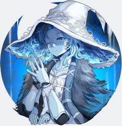 Rule 34 | 1girl, blue eyes, blue hair, blue skin, cloak, close-up, colored skin, commentary request, dual persona, elden ring, extra arms, fur cloak, hat, highres, himuro shunsuke, jewelry, long hair, one eye closed, profile, ranni the witch, ring, smile, solo, witch, witch hat