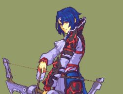 Rule 34 | 1boy, alcryst (fire emblem), arrow (projectile), blue hair, bow (weapon), commentary, fire emblem, fire emblem engage, glaceo, grey shirt, hair ornament, hairclip, holding, holding bow (weapon), holding weapon, looking at viewer, male focus, nintendo, pixel art, red eyes, shirt, short hair, solo, upper body, weapon