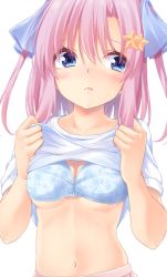 Rule 34 | 1girl, blue bra, blue eyes, blue ribbon, blush, bra, breasts, clothes lift, commentary request, hair between eyes, hair ornament, hair ribbon, highres, hisae (hisae collect), lifting own clothes, long hair, looking to the side, medium breasts, navel, original, pink hair, pink lips, ribbon, shirt, shirt lift, short sleeves, simple background, solo, star (symbol), star hair ornament, stomach, two side up, underwear, upper body, white background, white shirt