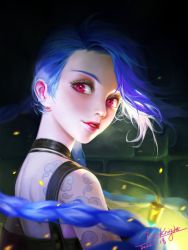 Rule 34 | 1girl, absurdres, arm tattoo, asymmetrical bangs, blue hair, braid, brown choker, brown shirt, choker, cloud tattoo, dated, frankie ng, from side, gradient background, highres, jewelry, jinx (league of legends), league of legends, long hair, looking at viewer, looking to the side, necklace, parted lips, pink eyes, shirt, shoulder tattoo, signature, smile, solo, tattoo, twin braids