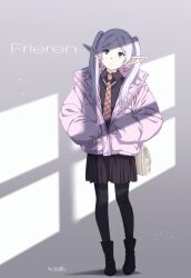 Rule 34 | 1girl, artist name, black jacket, black skirt, blue eyes, character name, coat, contemporary, dated, expressionless, frieren, highres, jacket, long hair, necktie, nii manabu, pantyhose, pointy ears, red necktie, skirt, solo, sousou no frieren, white coat, white hair, window shadow, winter clothes, winter coat