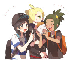 Rule 34 | 3boys, :d, ^^^, ^ ^, ahoge, backpack, bag, baseball cap, black eyes, black hair, black hat, black shirt, blonde hair, blush, closed eyes, creatures (company), dark-skinned male, dark skin, drawstring, ear piercing, elio (pokemon), food, game freak, gladion (pokemon), green eyes, green hair, hair over one eye, hat, hau (pokemon), holding, holding food, hood, hood down, hoodie, index finger raised, long sleeves, looking at viewer, male focus, multiple boys, nintendo, open mouth, pastry, piercing, pokemon, pokemon sm, ponytail, round teeth, shirt, short sleeves, simple background, smile, striped clothes, striped shirt, sweatdrop, teeth, torn clothes, torn sleeves, unapoppo, upper body, v-shaped eyebrows, white background, wrapper