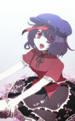 Rule 34 | 1girl, aoi (annbi), beret, hat, highres, jiangshi, miyako yoshika, ofuda, open mouth, outstretched arms, petals, purple hair, red eyes, saliva, short hair, short sleeves, sitting, solo, tongue, tongue out, touhou, zombie pose