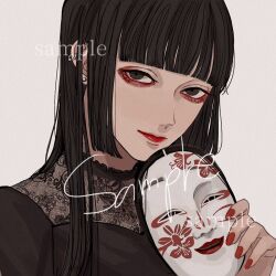 Rule 34 | 1girl, black dress, black hair, blunt bangs, brown eyes, closed mouth, commission, dress, earrings, highres, holding, holding mask, jewelry, kagoya1219, lace, long hair, looking at viewer, mask, nail polish, noh mask, original, portrait, red nails, sample watermark, simple background, solo, straight hair, watermark, white background