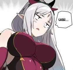 Rule 34 | 1girl, bags under eyes, bare shoulders, breasts, crown of thorns, facial mark, fire emblem, fire emblem heroes, forehead mark, from below, frown, grey hair, large breasts, leotard, long hair, nintendo, open mouth, parted bangs, plumeria, plumeria (fire emblem), pointy ears, ponytail, solo, tavi (hosheezus)