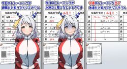 Rule 34 | 1girl, alternate costume, breasts, chart, commentary request, gloom (expression), green eyes, grey hair, highres, hishi miracle (umamusume), horse girl, jacket, komb, large breasts, medium hair, open mouth, paper, smile, solo, tracen training uniform, track jacket, track suit, translation request, umamusume, white background