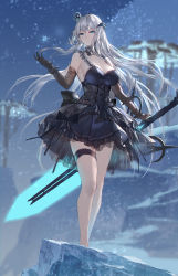 Rule 34 | 1girl, absurdres, bare shoulders, black gloves, blue eyes, breasts, cleavage, corset, crown, dress, elbow gloves, frilled straps, gloves, glowing, glowing weapon, hair ornament, highres, holding, holding weapon, ice, large breasts, long hair, meryl (tower of fantasy), mini crown, outdoors, pale skin, silver hair, snowflakes, standing, swd3e2, sword, thigh strap, thighs, tower of fantasy, weapon
