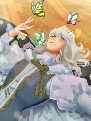 Rule 34 | 1boy, autumn, blue eyes, bug, butterfly, butterfly wings, closed mouth, dappled sunlight, diamond hairband, fate/grand order, fate (series), green butterfly, grey hair, haruakira, highres, insect, insect wings, juliet sleeves, long sleeves, looking up, lying, male focus, oberon (fate), on back, pink butterfly, puffy sleeves, short hair, solo, sunlight, tassel, wings, yellow butterfly