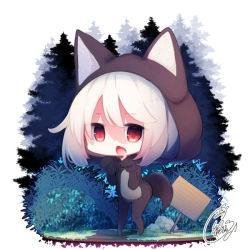 Rule 34 | 1girl, animal costume, animal ears, animal hood, beni shake, chibi, claw pose, commentary request, fake animal ears, fake tail, fang, full body, hands up, hood, hood up, open mouth, original, red eyes, revision, sign, signature, solo, standing, tail, white hair, wolf costume, wolf ears, wolf hood, wolf tail
