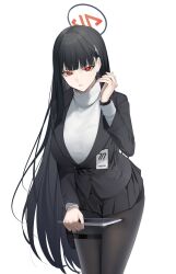 Rule 34 | 1girl, black hair, black pantyhose, black suit, blue archive, breasts, cowboy shot, formal, halo, hand up, highres, hiiragi mikoto, holding, holding tablet pc, holster, holstered, id card, large breasts, leaning forward, long hair, pantyhose, pleated skirt, red eyes, rio (blue archive), skirt, standing, suit, sweater, tablet pc, thigh holster, turtleneck, turtleneck sweater, white background, white sweater