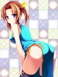 Rule 34 | 10s, 1girl, absurdres, alternate costume, ass, bad id, bad pixiv id, bare arms, bare shoulders, bent over, blue dress, blush, breasts, brown hair, china dress, chinese clothes, closed mouth, dress, expressionless, eyebrows, from behind, hair ribbon, hand on own thigh, hand on thigh, highres, kagerou (kancolle), kantai collection, karin (rei862), leaning forward, looking at viewer, looking back, no panties, parted bangs, purple eyes, purple thighhighs, ribbon, short hair, sideboob, sleeveless, sleeveless dress, solo, tareme, thighhighs, twintails, yellow ribbon