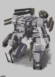 Rule 34 | artist name, commentary request, full body, grey background, gun, highres, magnetic weapon, mecha, momimaki, no humans, original, railgun, rifle, robot, standing, weapon