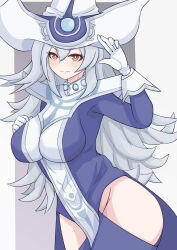Rule 34 | 1girl, absurdres, blue dress, breasts, dress, duel monster, gainai (gainai1103), gloves, grey hair, hair between eyes, hands up, hat, highres, hip vent, large breasts, long hair, looking at viewer, red eyes, silent magician, solo, white gloves, witch hat, wizard hat, yu-gi-oh!