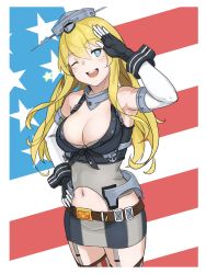 Rule 34 | 10s, 1girl, ;d, american flag, bad id, bad pixiv id, blonde hair, blue eyes, breasts, cleavage, clothes writing, gloves, hand on own hip, highres, hisakata renge, iowa (kancolle), kantai collection, large breasts, long hair, one eye closed, open mouth, salute, skirt, smile, solo, star-shaped pupils, star (symbol), symbol-shaped pupils